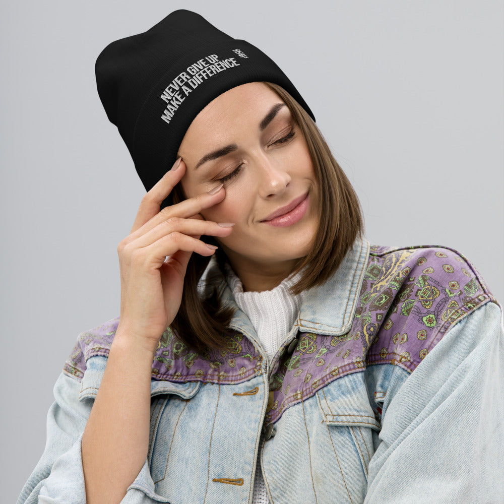 Never Give Up Embroidered Beanie Hat