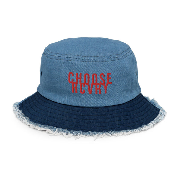 BLOOM distressed blue denim bucket hat made from denim strip scraps 1/1 22